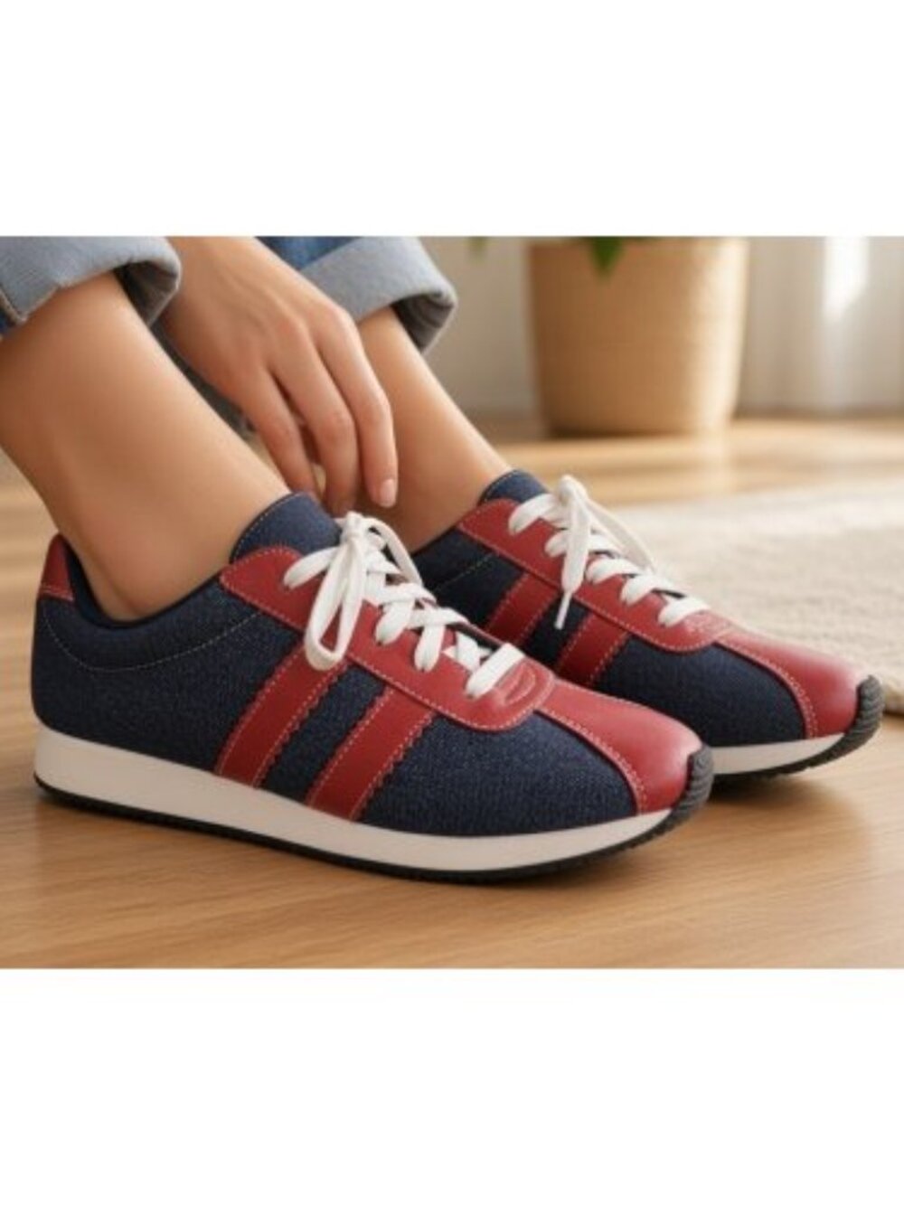 NEW Red Faux Leather and Denim Lace Up Sneakers Ladies Size 8